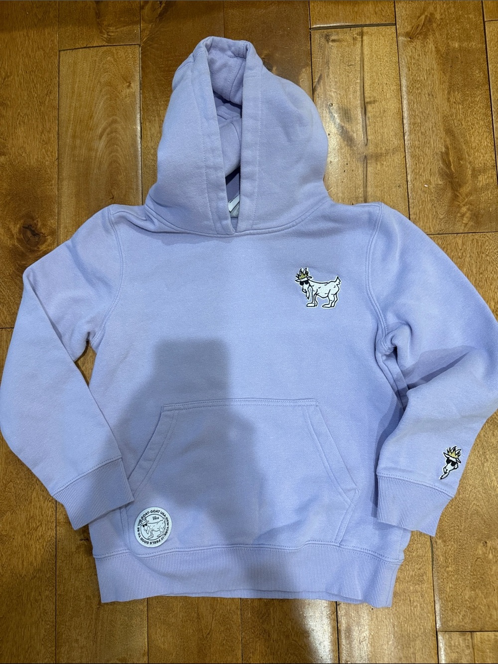 GOAT USA Kids Lavender Hoodie with Horned Goat Patch one small spot in last pic